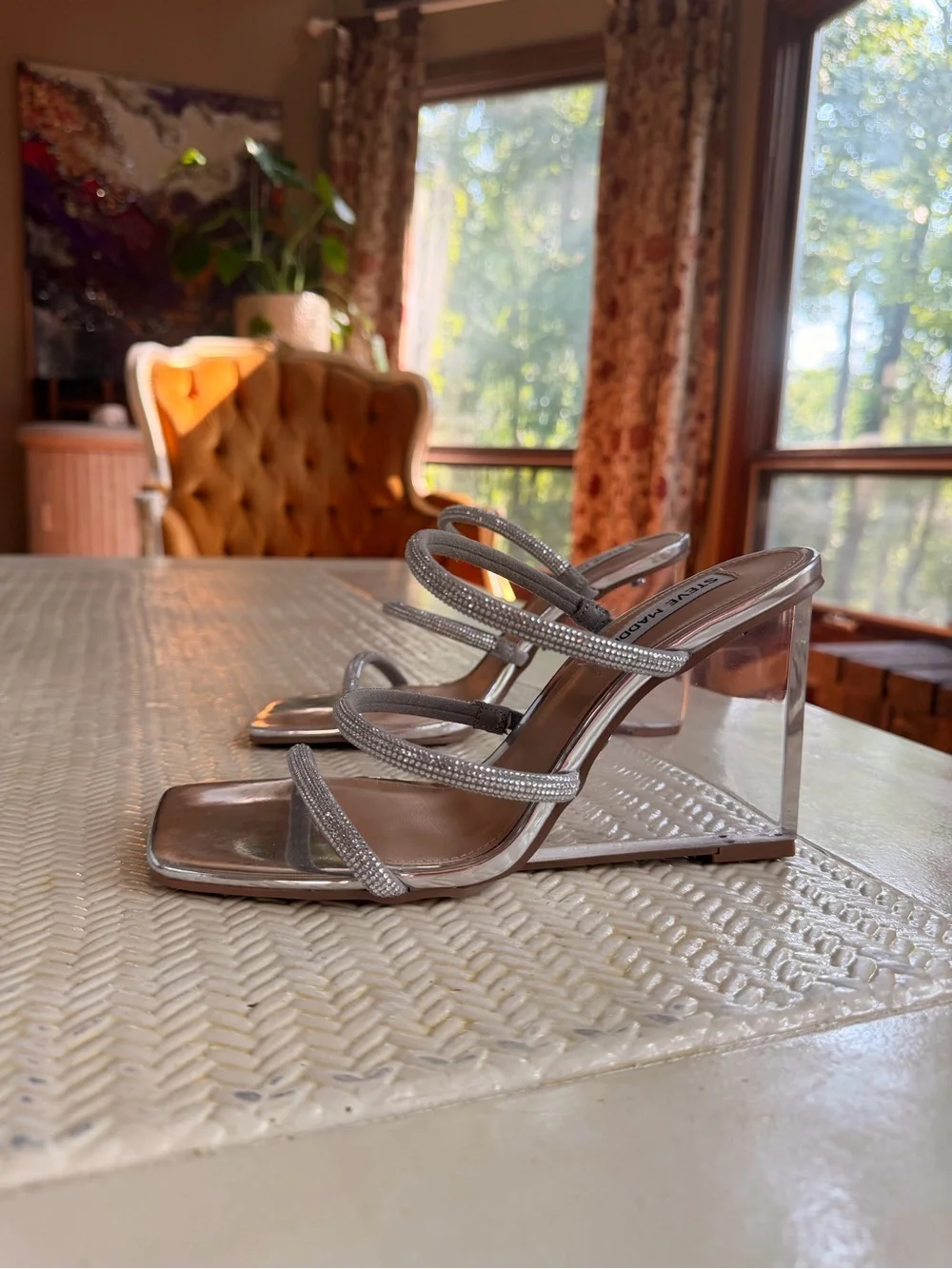 Steve Madden Silver Crystal-Strap Clear Wedge Sandals
